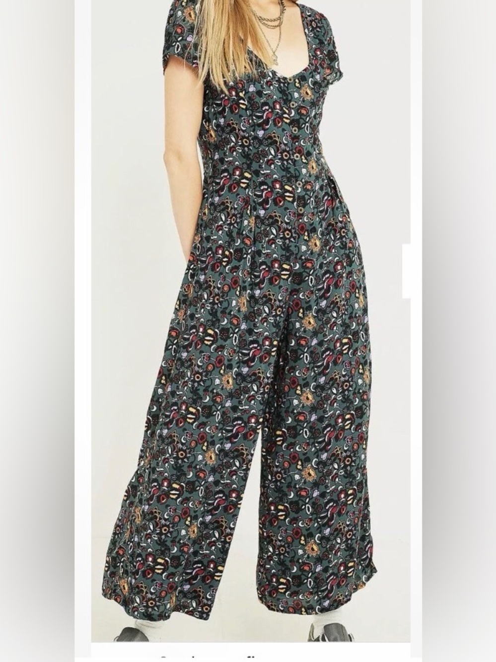Floral Scoop Neck Wide Leg Romper in Teal with Multicolor Print